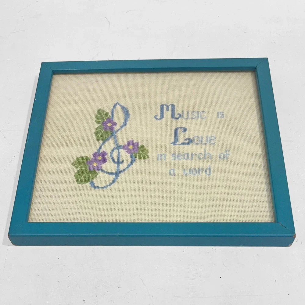 Vintage Finished Cross Stitch Music is Love Blue Framed 9"x8" - Picture 2 of 6